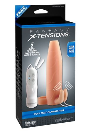 Насадка увеличитель пениса с клиторальными вибропальчиками Duo Clit Climax-Her