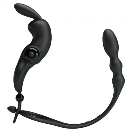 Стимулятор 3 в 1 эрекционное виброкольцо с клиторальным зайчиком и анальным массажером Vibration Penis Sleeve V