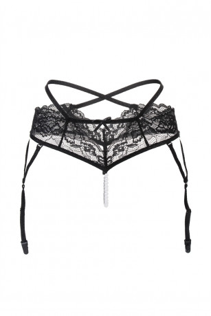 Эротические черные трусики-пояс с жемчужной нитью Wendy