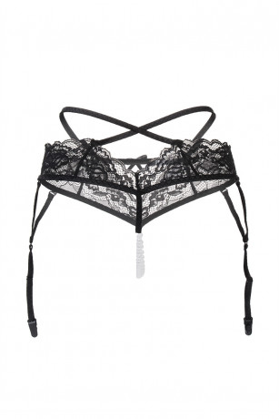 Эротические черные трусики-пояс с жемчужной нитью Wendy