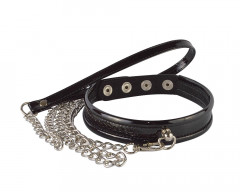 Ошейник из лаковой искусственной кожи чёрного цвета с поводком