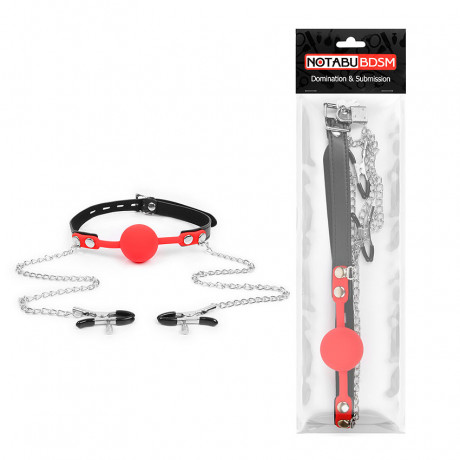 Силиконовый кляп шар с сосковыми зажимами