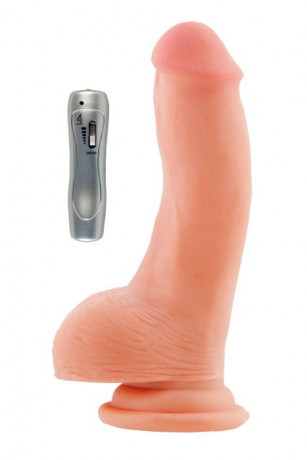 Реалистичный вибратор на мощной присоске с мошонкой и пультом управления RealStick Elite