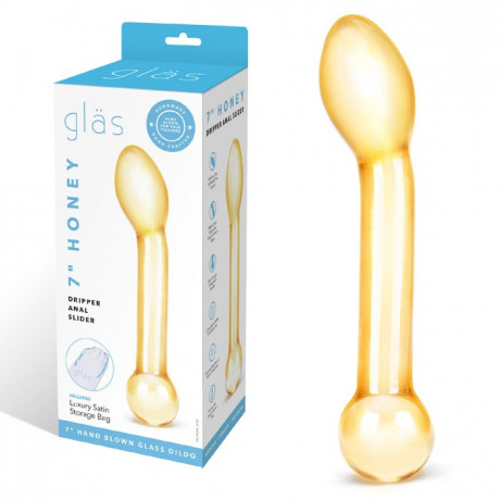 Стеклянный фаллос шафранового цвета со специально загнутой головкой HONEY DRIPPER