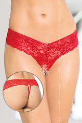 Эротические трусики из красного кружева с доступом к интимным зонам