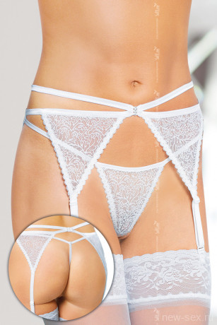 Эротический кружевной пояс для чулок и стринги белого цвета