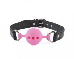 Силиконовый дышащий кляп-шар с ремешками из натуральной кожи