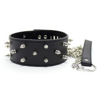 Черный широкий ошейник с шипами и навесным замком с ключом