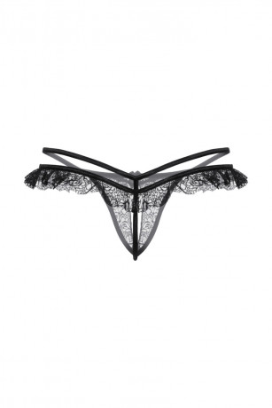 Открытые стринги с доступом и оборками из тонкого кружева черного цвета