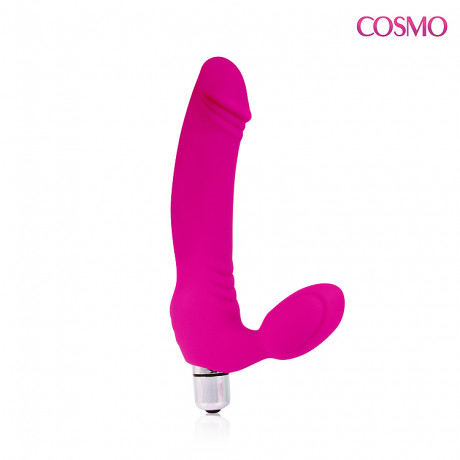 Розовый силиконовый безремневой страпон с вибрацией COSMO