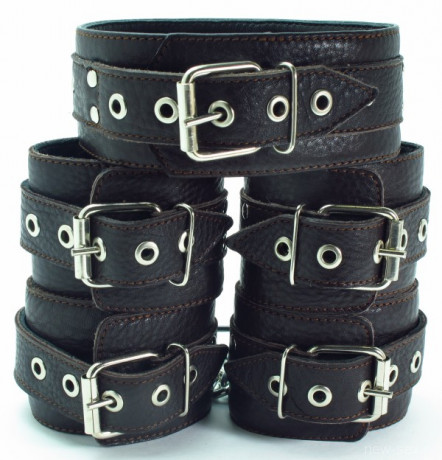 Набор БДСМ из 3 предметов из натуральной кожи коричневого цвета с мехом