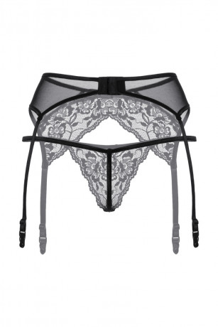 Эластичные кружевные трусики и пояс для чулок черного цвета