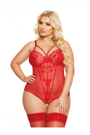 Полупрозрачное ажурное боди красного цвета с изящным рисунком Amanda XL