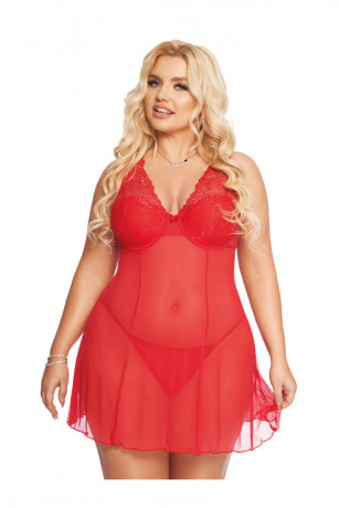 Красная комбинация из прозрачной сетки с цветочным орнаментом Berta XL