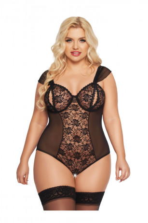 Изысканное черное боди из кружева и прозрачной ткани Dora XL