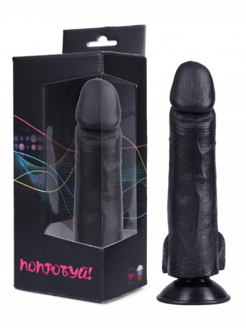 Черный фаллоимитатор из эластомера с мошонкой на присоске для фиксации