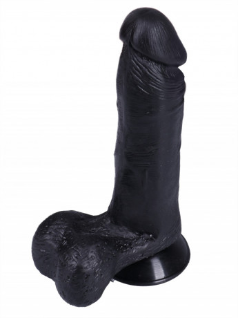 Черный фаллоимитатор из эластомера с мошонкой на присоске для фиксации