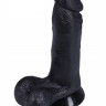 Черный фаллоимитатор из эластомера с мошонкой на присоске для фиксации