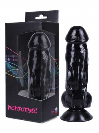 Крупный реалистичный черный фаллоимитатор с мошонкой и присоской