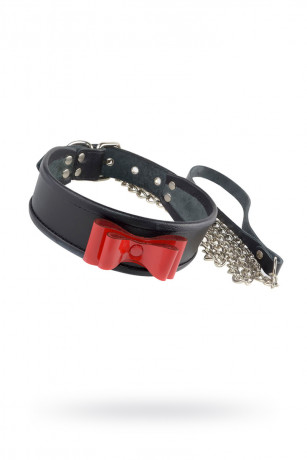 Кожаный ошейник с красным бантиком из лаковой кожи