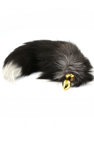 Золотая анальная пробка с хвостом из натурально меха