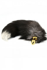 Золотая анальная пробка с хвостом из натурально меха