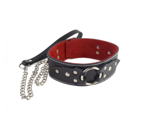 Кожаный БДСМ ошейник с поводком и подкладкой из велюровой бархатистой красной кожи
