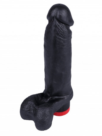 Реалистичный вибромассажер черного цвета с мошонкой