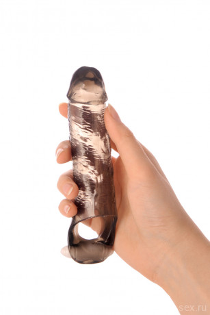 Реалистичная черная увеличивающая насадка для пениса с подхватом мошонки XLover