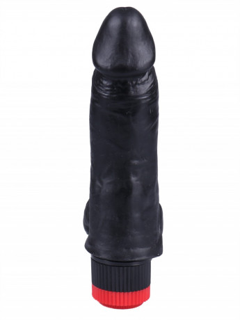 Вибратор реалистик из эластомера черного цвета с мошонкой