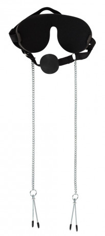 Маска с кляпом и зажимами на соски