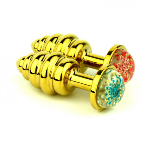 Золотая ребристая анальная пробочка со стразой