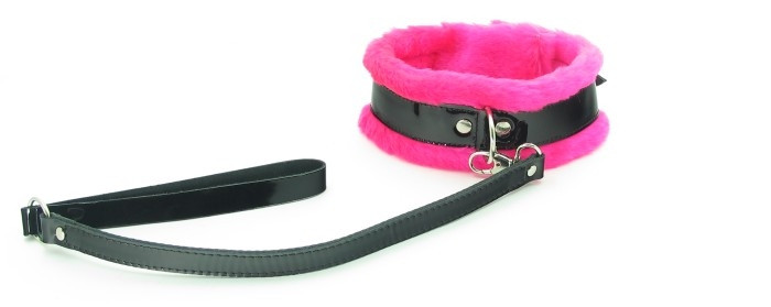 Лаковый ошейник с мехом и поводком