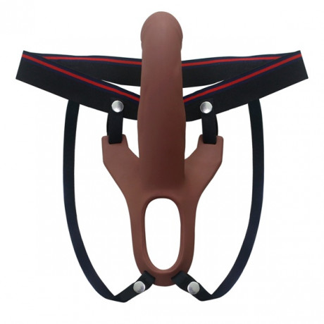 Страпон с насадкой из силикона с ярковыраженной головкой и полостью для члена