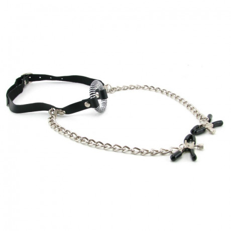 Кляп соединенный с зажимами для сосков на цепочке O-Ring Gag Nipple Clamps