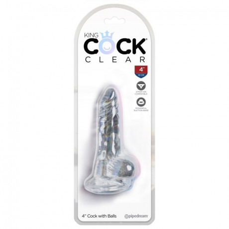 Маленький прозрачный фаллос с мошонкой и присоской King Cock Clear 4 Cock with Balls
