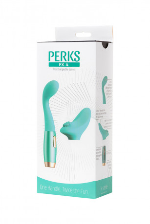 Бирюзовый вибратор из эластичного силикона с двумя сменными насадками Le Stelle PERKS SERIES EX-4