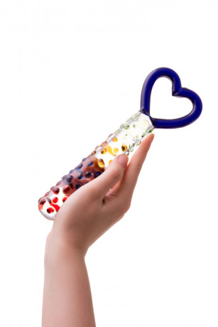 Ребристый стеклянный фаллоимитатор с ручкой в виде сердца Sexus Glass