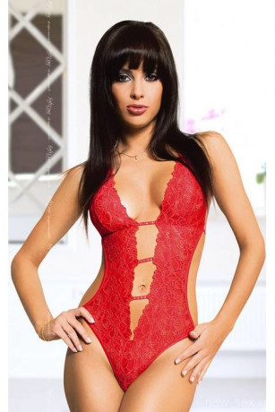 Красное ажурное боди с открытой спиной и глубоким декольте Beth