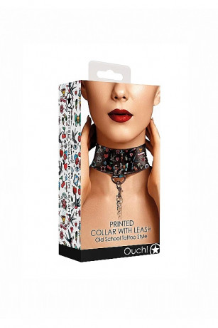 Ошейник с поводком и ярким принтом для БДСМ игр Printed Collar With Leash Old School Tattoo Style