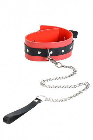 Яркий ошейник красного цвета с чёрной вставкой из натуральной кожи