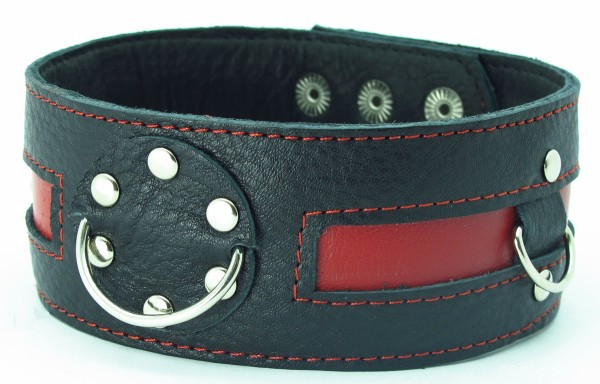 Черный кожаный ошейник с красной кожаной вставкой и кольцом