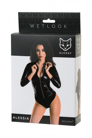 Черное боди из материала Wetlook на молнии Glossy Alessia