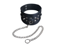 Черный кожаный широкий ошейник с поводком	