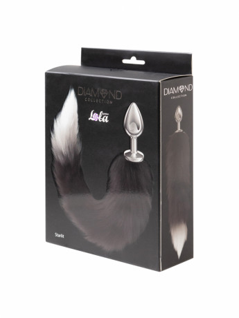 Серебристая анальная пробка с пушистым черным хвостиком Diamond Starlit