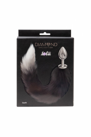 Серебристая анальная пробка с пушистым черным хвостиком Diamond Starlit