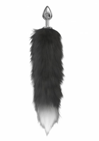 Серебристая анальная пробка с пушистым черным хвостиком Diamond Starlit