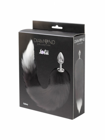 Серебристая анальная пробка с черным хвостом с белым кончиком Diamond Galaxy