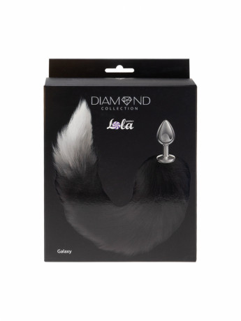 Серебристая анальная пробка с черным хвостом с белым кончиком Diamond Galaxy