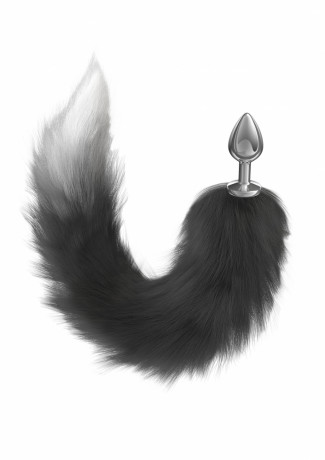 Серебристая анальная пробка с черным хвостом с белым кончиком Diamond Galaxy